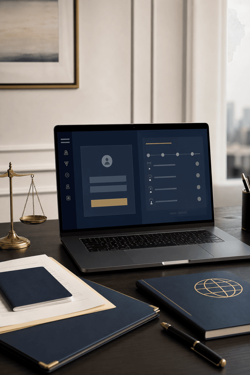 Portal seguro de clientes en una laptop dentro de una oficina legal